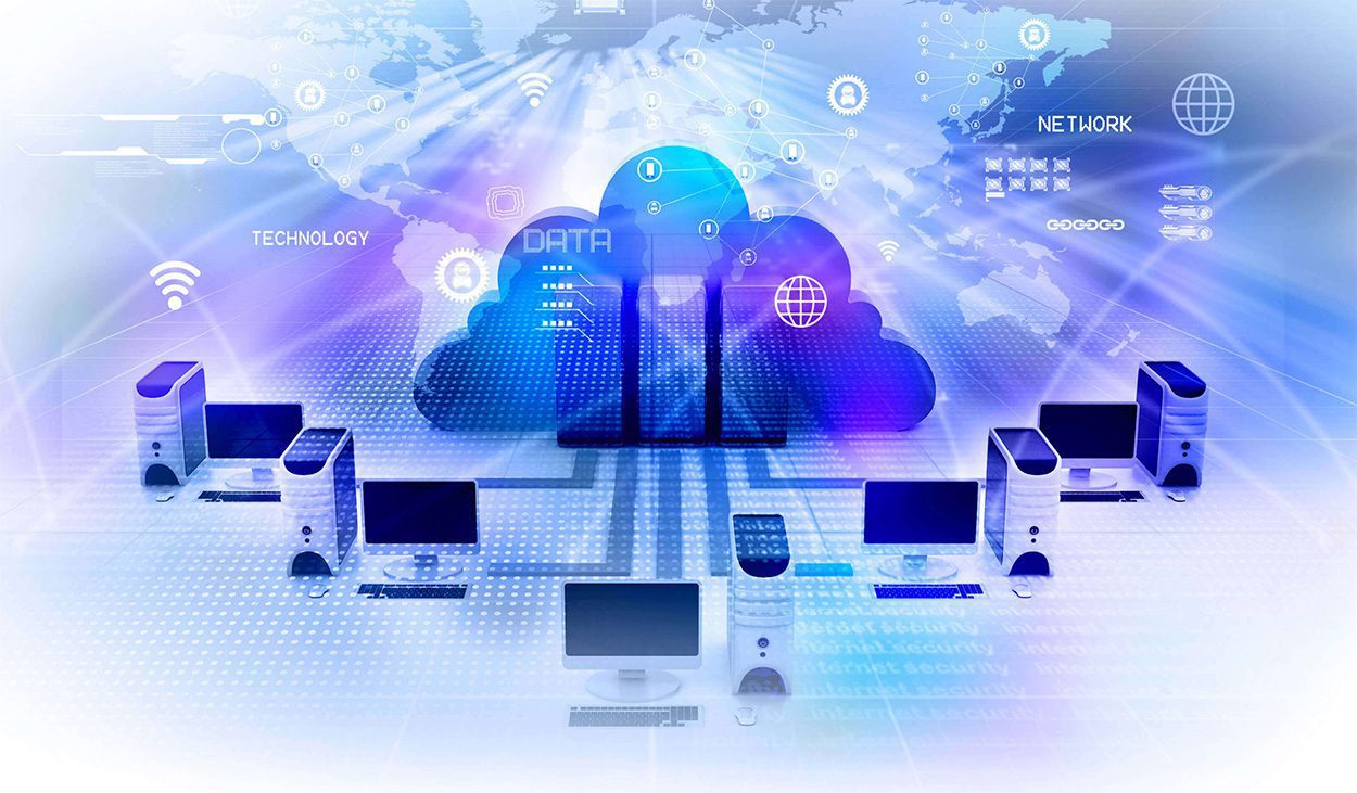 image of the cloud system with several computers joined